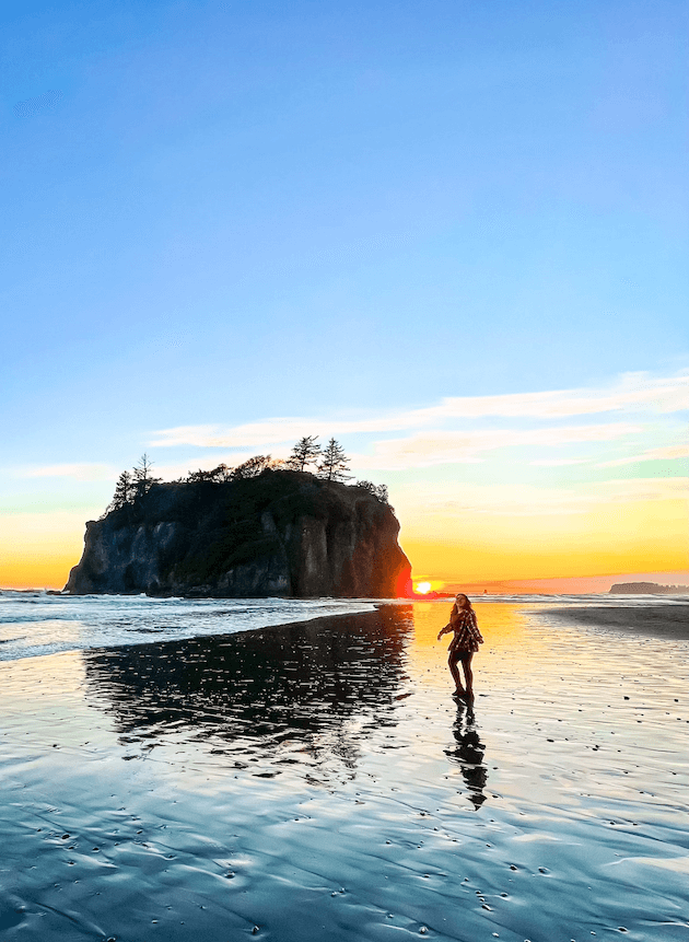 Elaina strolling ruby beach at sunset - best places to visit in washington