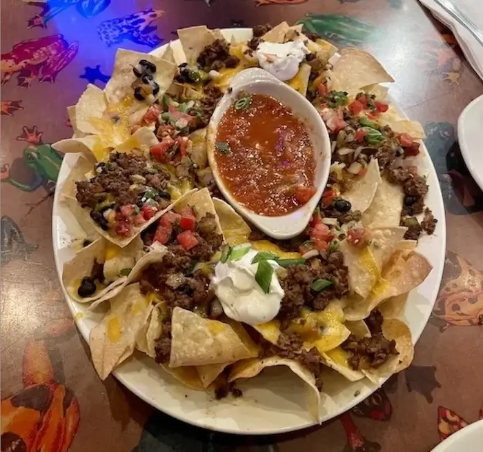 Rainforest cafe nachos with beef, tomatoes, beans, cheese, sour cream, and salsa at Animal Kingdom in Disney world