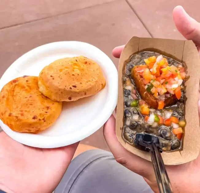 Brazilian cheese bread and pork belly and black beans in Epcot at Disney World