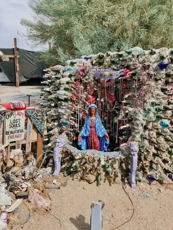 A creative art installation called "Our Lady of Lost Souls and Beautiful Freaks" in East Jesus in Slab City