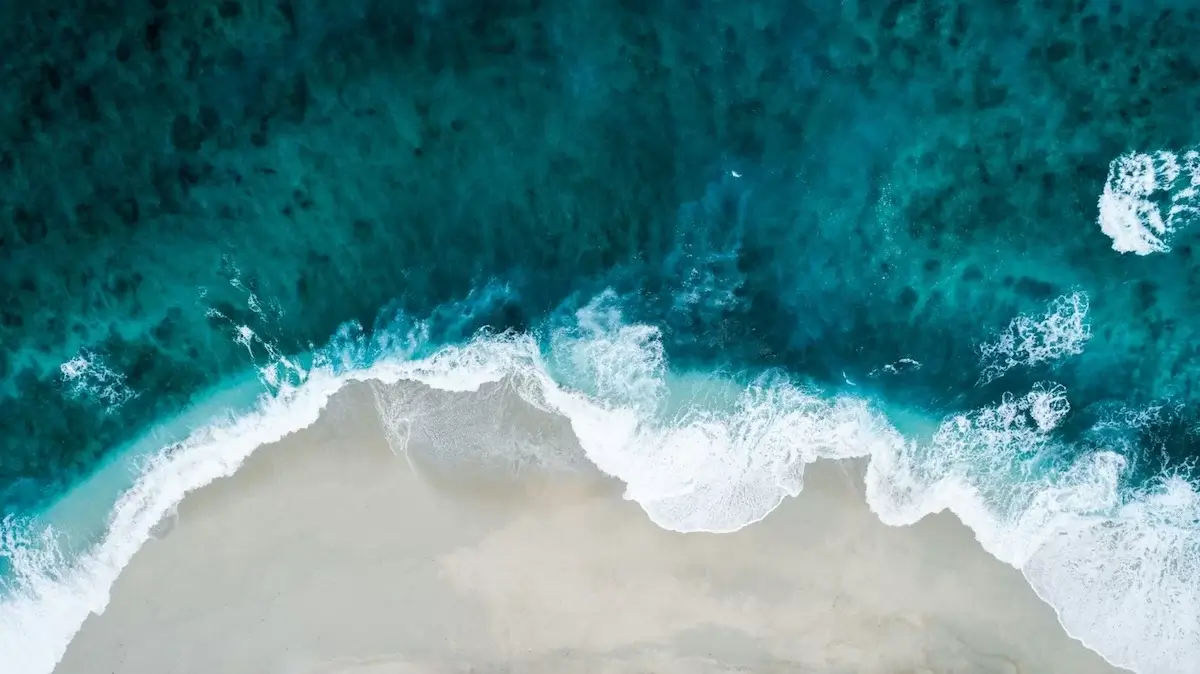 aerial view of waves crashing on the beach