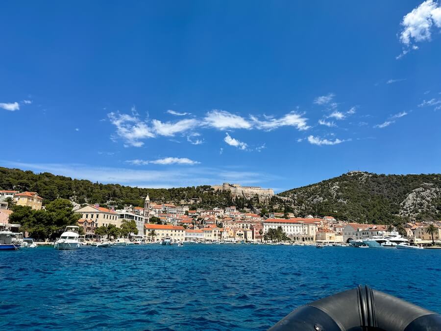 View of the coastline of Hvar island from a boat in Croatia