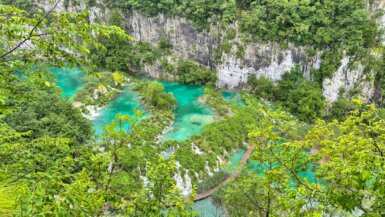 Birds-eye view of the lower lakes in Plitvice National Park in Croatia