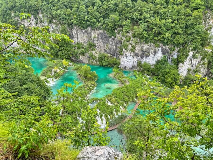 Birds-eye view of the lower lakes in Plitvice National Park in Croatia