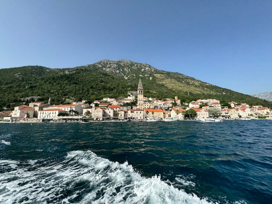 View of Perast from a boat in the Bay of Kotor in Montenegro